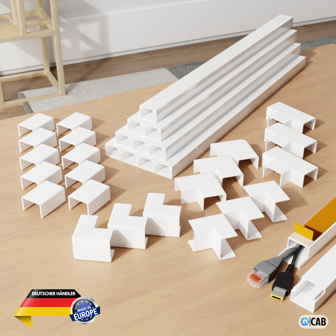 Kabelkanal Set weiß selbstklebend 10m - VDE geprüft - Made in Europe - mit extrastarkem Schaumklebeband zur Montage ohne Bohren