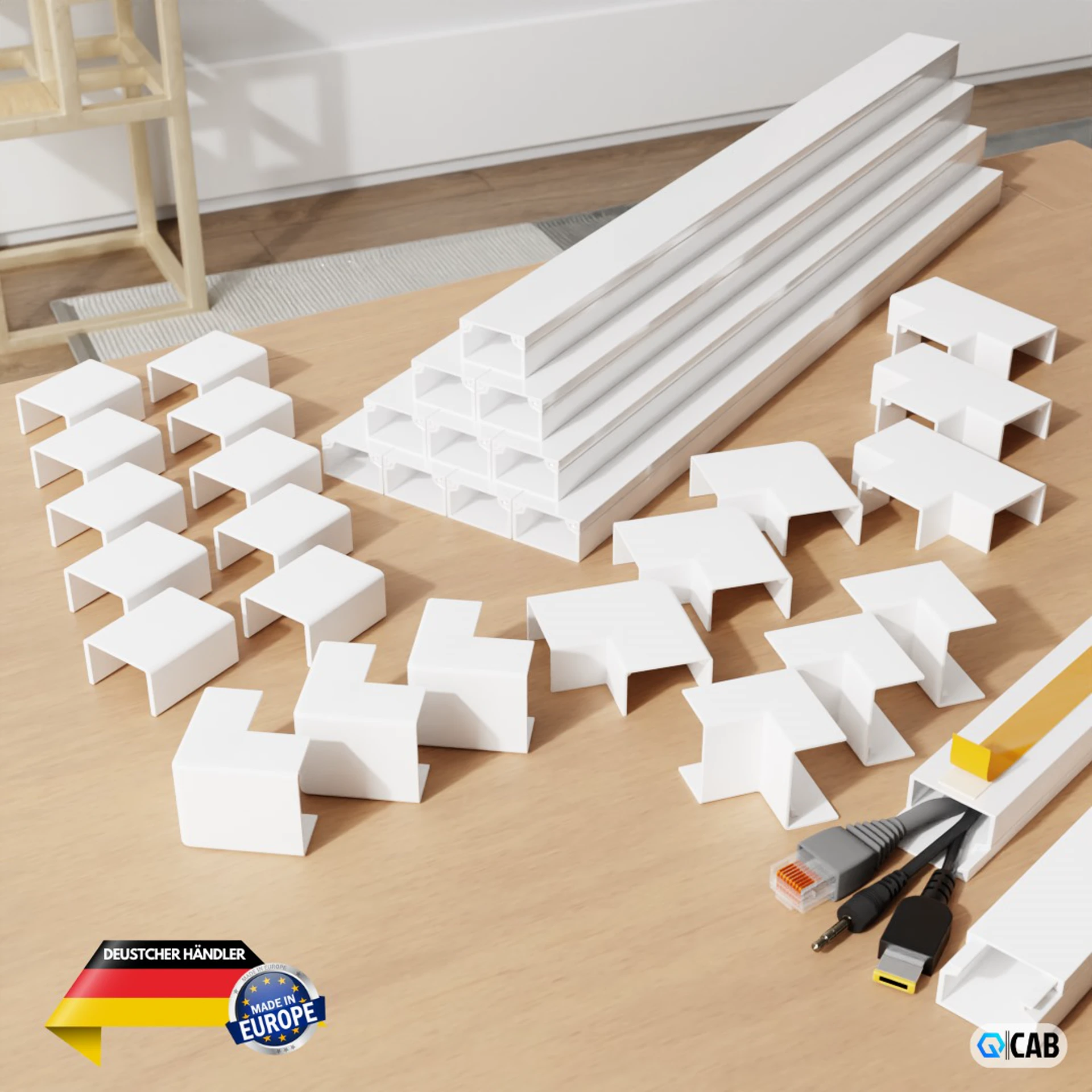 Kabelkanal Set weiß selbstklebend 10m - VDE geprüft - Made in Europe - mit extrastarkem Schaumklebeband zur Montage ohne Bohren