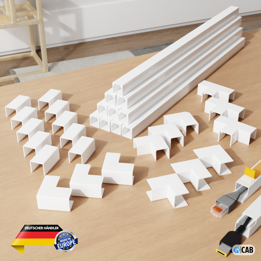 Kabelkanal Set weiß selbstklebend 10m - VDE geprüft - Made in Europe - mit extrastarkem Schaumklebeband zur Montage ohne Bohren
