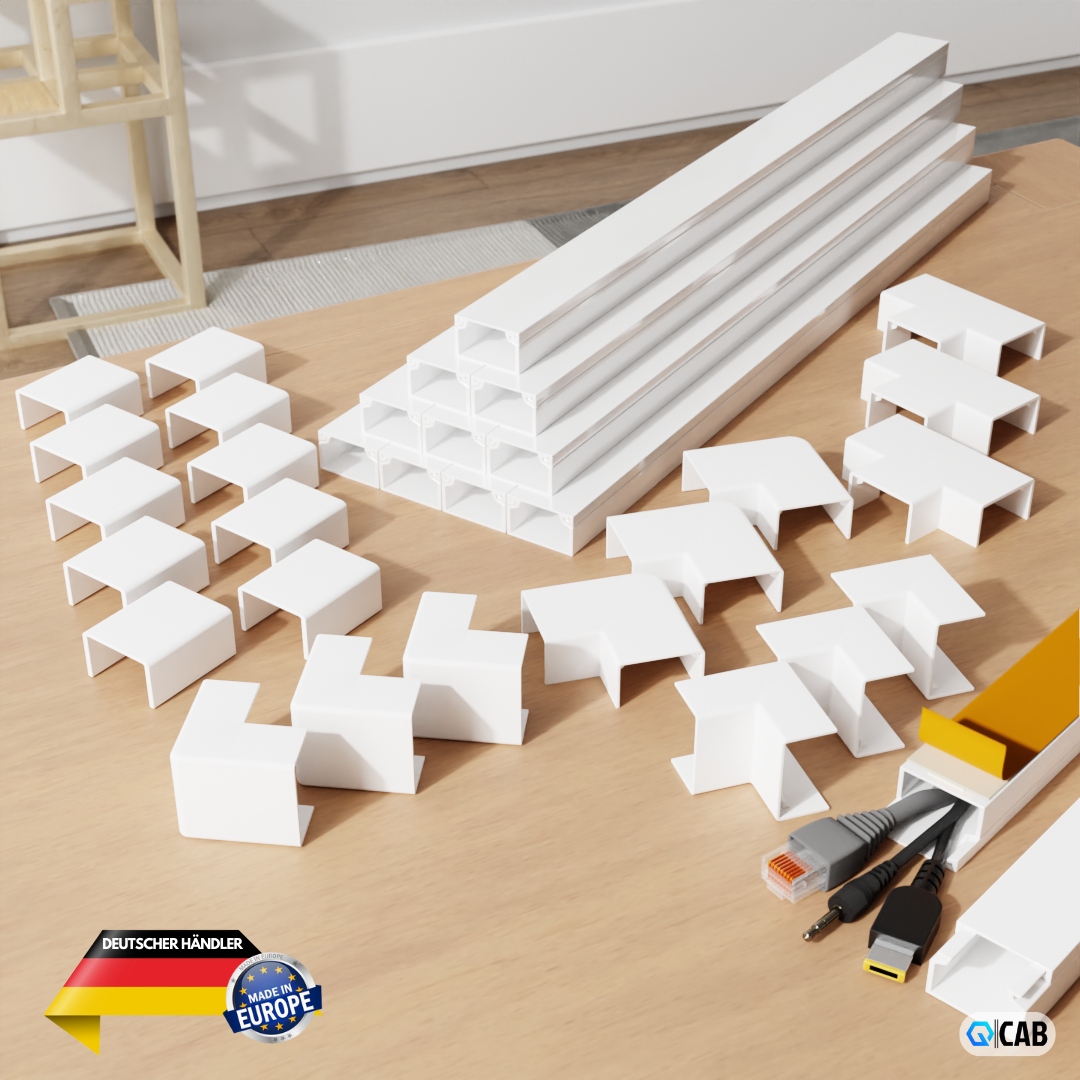 Kabelkanal Set weiß selbstklebend 10m - VDE geprüft - Made in Europe - mit extrastarkem Schaumklebeband zur Montage ohne Bohren