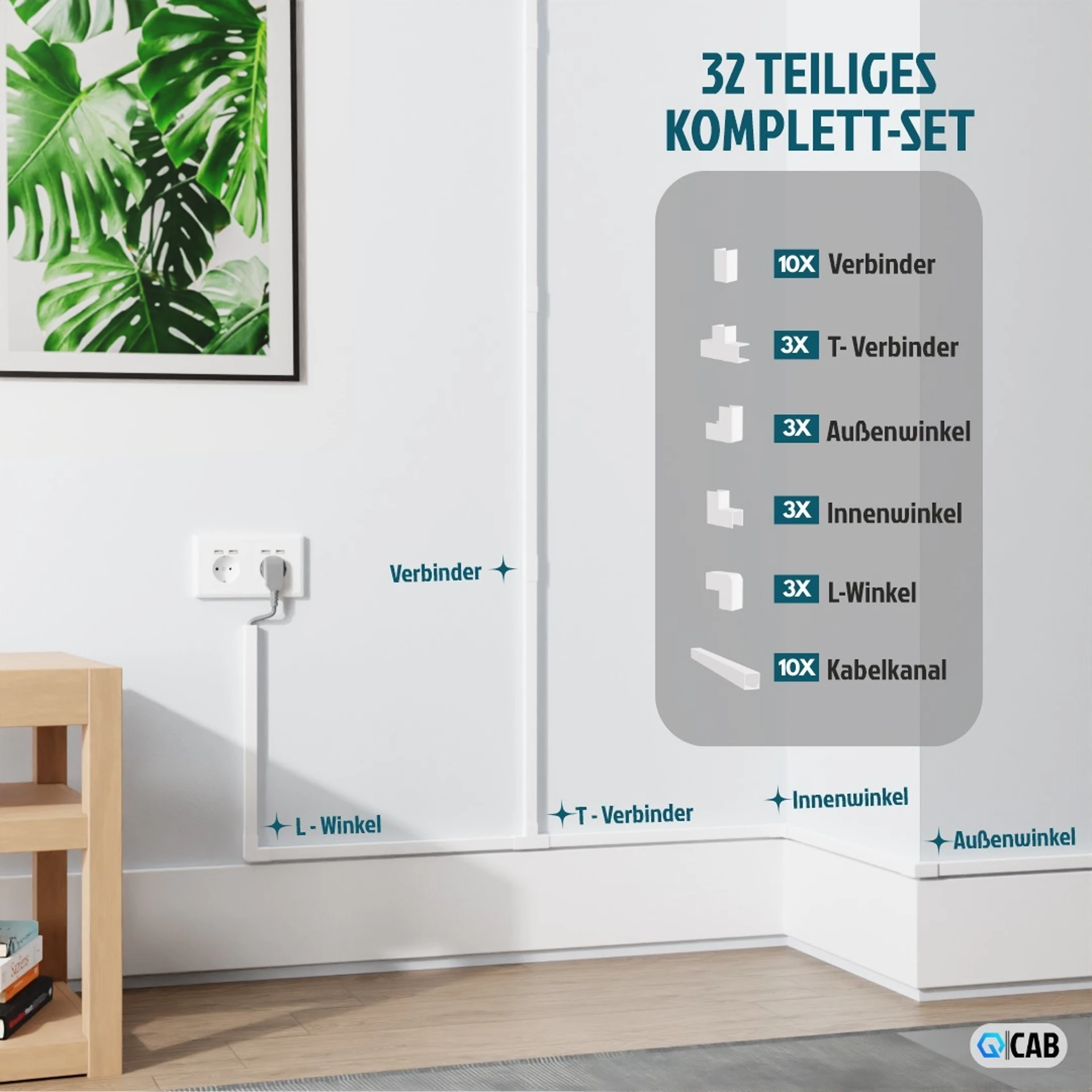 Kabelkanal Set weiß selbstklebend 10m - VDE geprüft - Made in Europe - mit extrastarkem Schaumklebeband zur Montage ohne Bohren