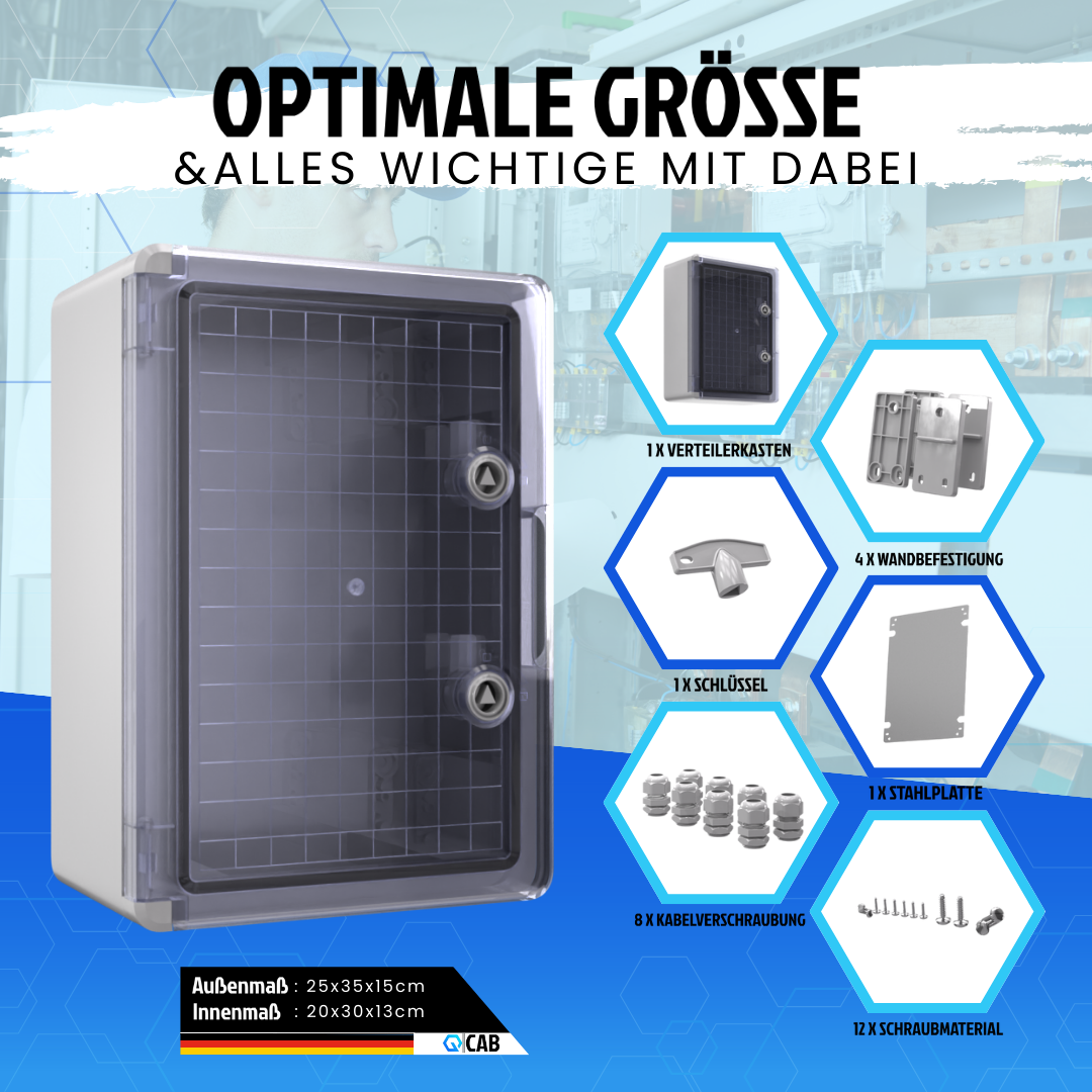 QCAB Wasserdichter Verteilerkasten für den Außenbereich | IP65 | ABS Kunststoff Gehäuse außen | Schaltkasten | Stromkasten | Steckdosenkasten
