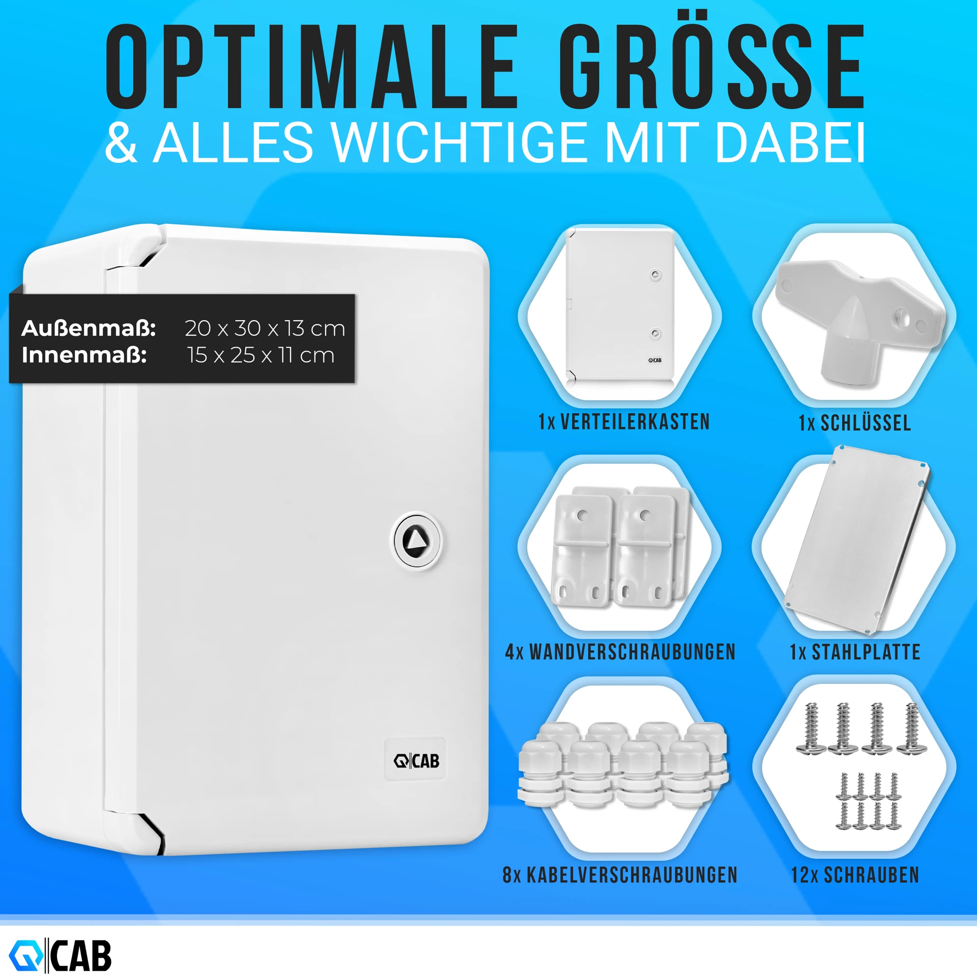 QCAB Wasserdichter Verteilerkasten für den Außenbereich | IP65 | ABS Kunststoff Gehäuse außen | Schaltkasten | Stromkasten | Steckdosenkasten