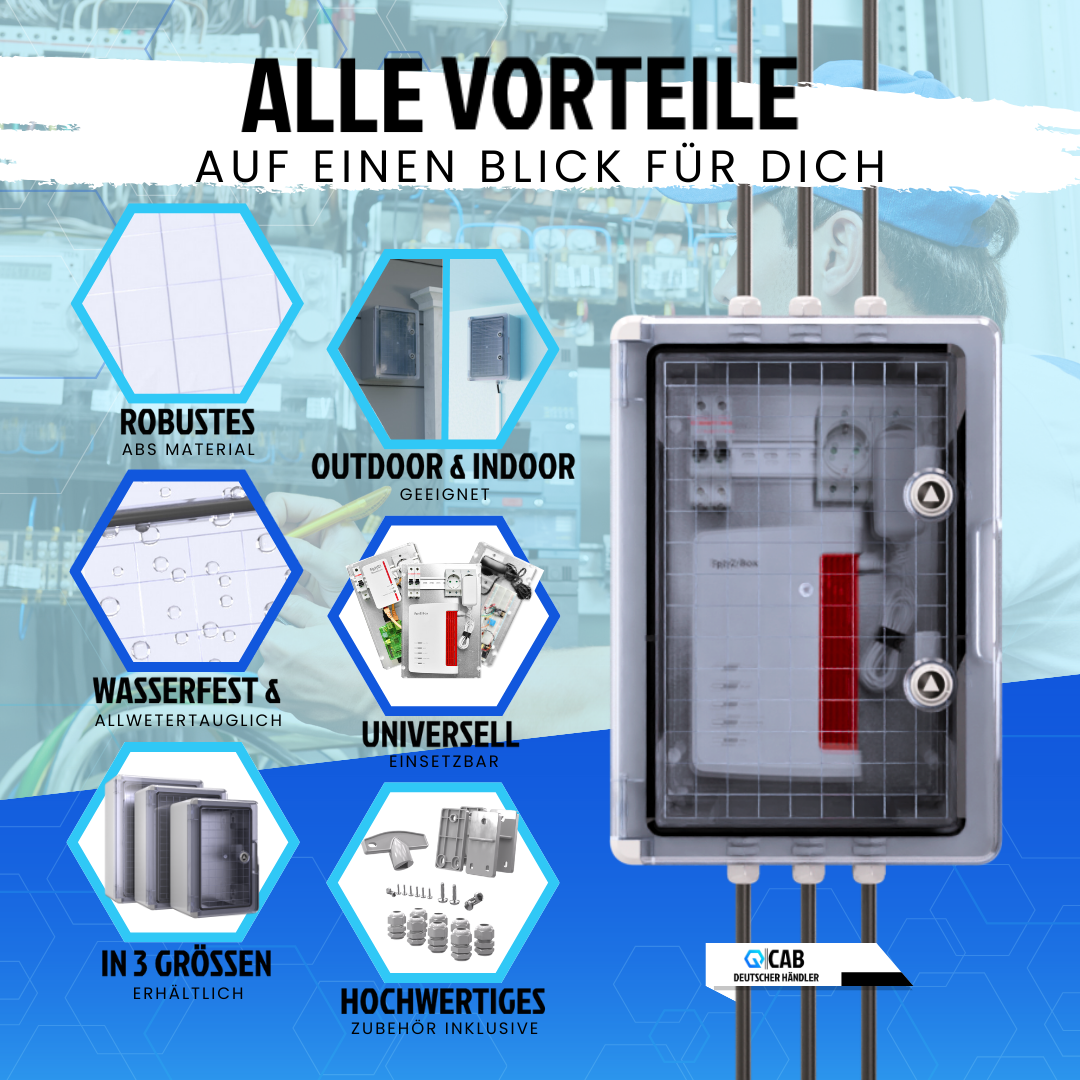QCAB Wasserdichter Verteilerkasten für den Außenbereich | IP65 | ABS Kunststoff Gehäuse außen | Schaltkasten | Stromkasten | Steckdosenkasten