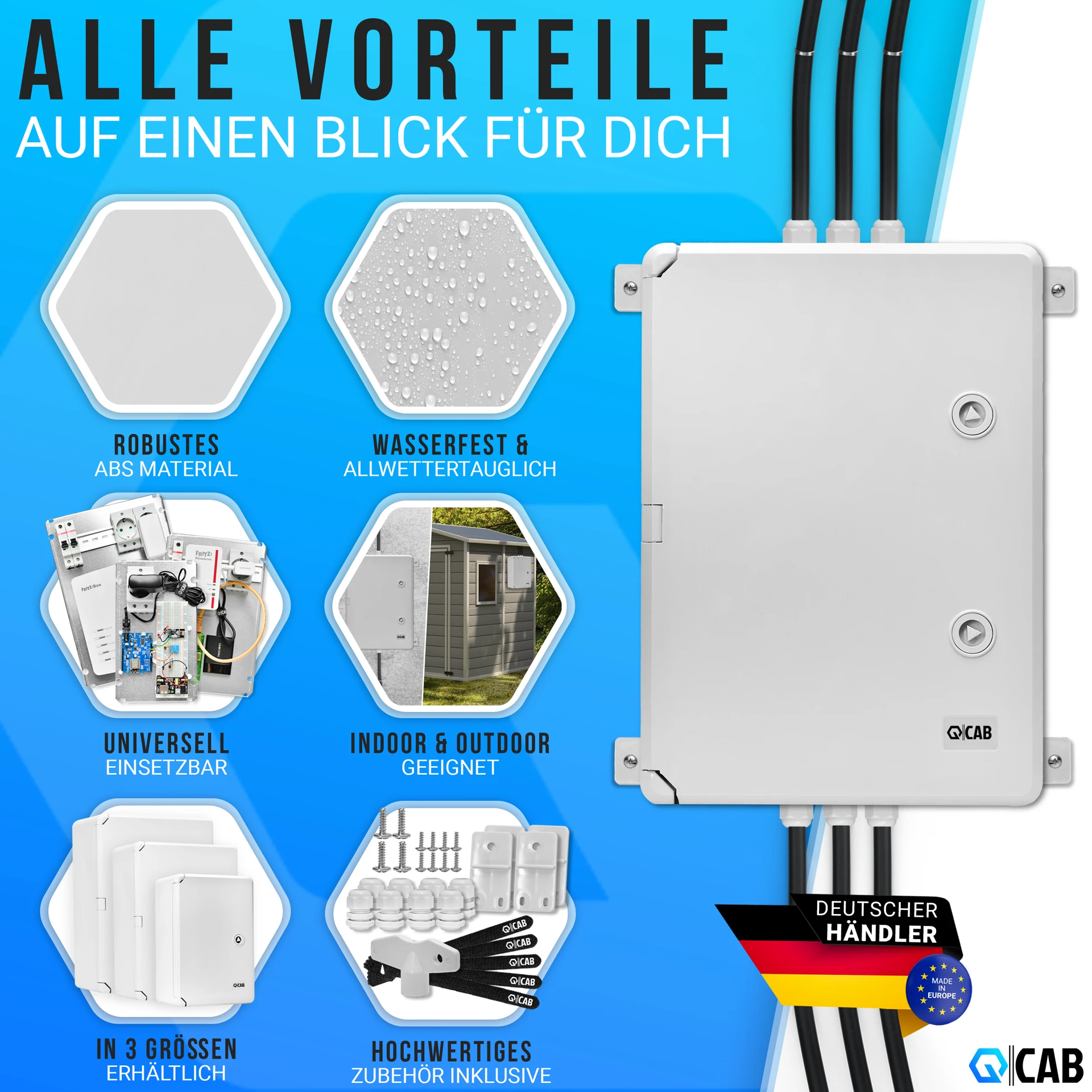QCAB Wasserdichter Verteilerkasten für den Außenbereich | IP65 | ABS Kunststoff Gehäuse außen | Schaltkasten | Stromkasten | Steckdosenkasten